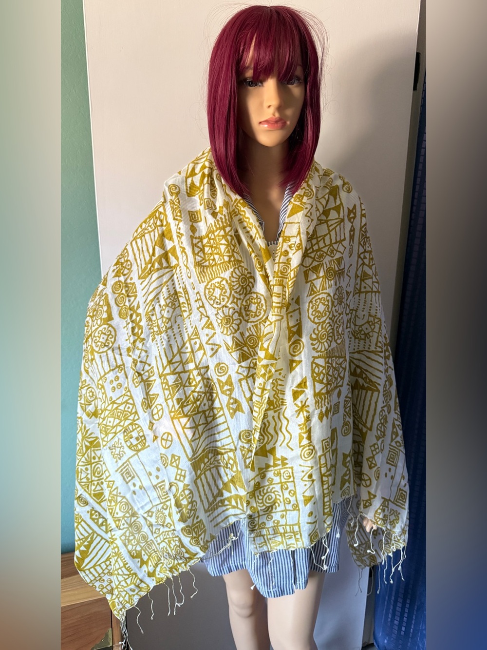 Trades of Hope 100% Silk Scarf Wrap Shawl Ivory Mustard Gold Fringe 35x66”